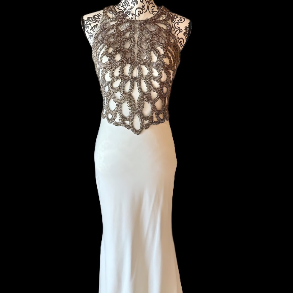 Chic Off White and Pewter Beaded Gown